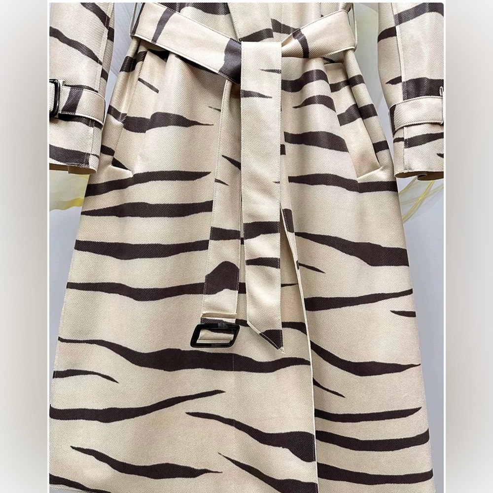 Elegant Zebra Print Belted Lapel Trench - Picture 9 of 11